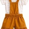 Kids mustard teddy corduroy dungaree set back
