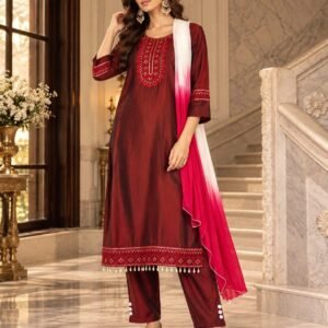 maroon embroidered kurta set 1