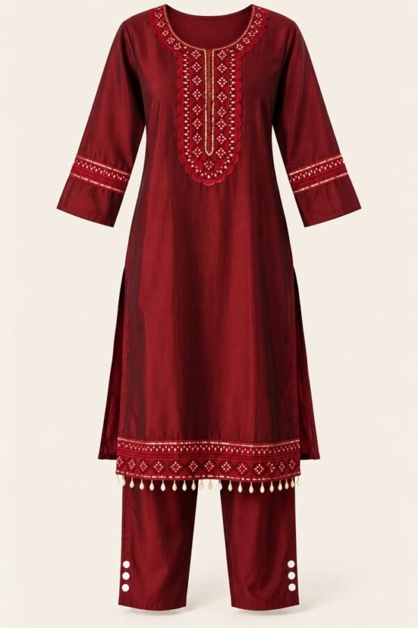 maroon embroidered kurta set 2