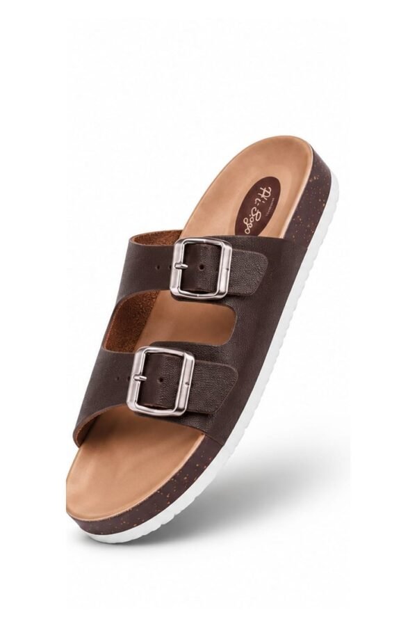 Men brown double buckle slider sandal