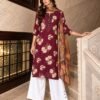 Wine floral kurta palazzo dupatta set