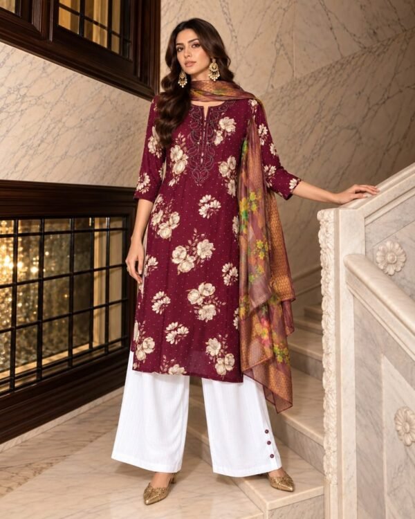 Wine floral kurta palazzo dupatta set