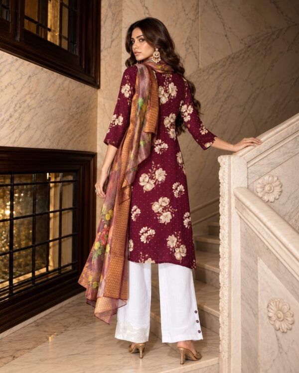 Wine floral kurta palazzo dupatta set